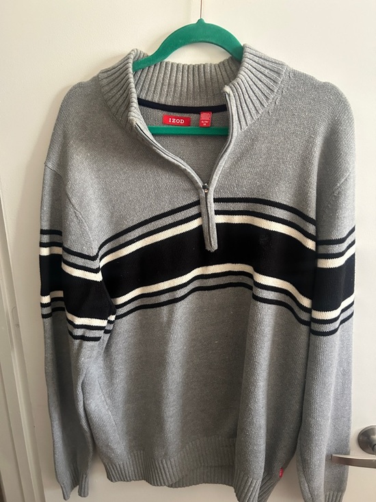 Izod Other - Izod Men’s Gray Quarter-Zip Sweater with Black and White Stripes - Size XL